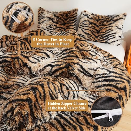 XeGe Tiger Print Fluffy Faux Fur Duvet Cover Set, 3 Pieces Soft Plush Shaggy Fuzzy Bedding Set(1 Faux Fur Animal Comforter Cover + 2 Furry Pillowcases), Zipper Closure(King, Tiger Print Brown) XeGe