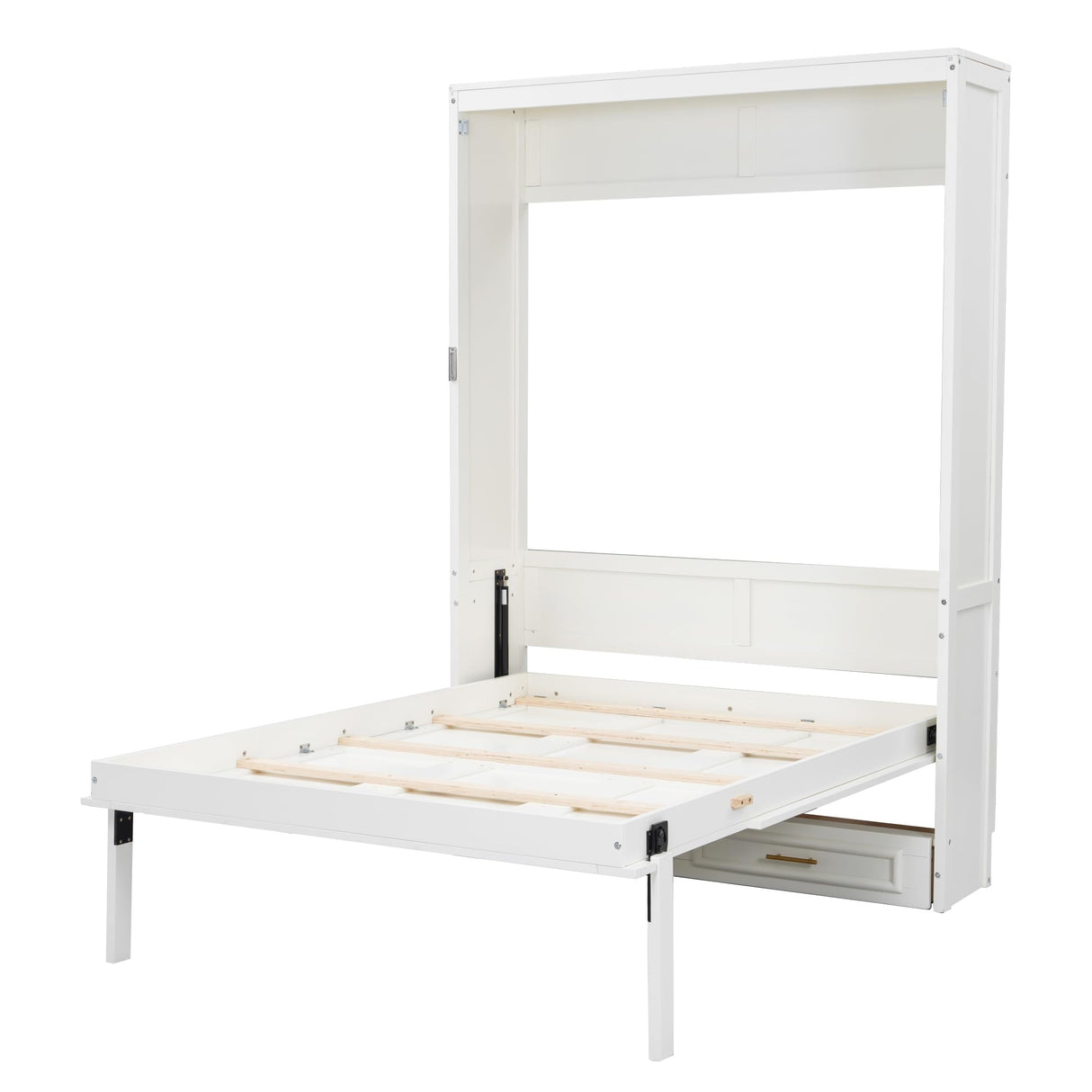 Full Murphy Bed with Storage Drawers,Solid Wood Folding Hidden Murphy Wall Bed with Drawers for Adults White MERITLINE