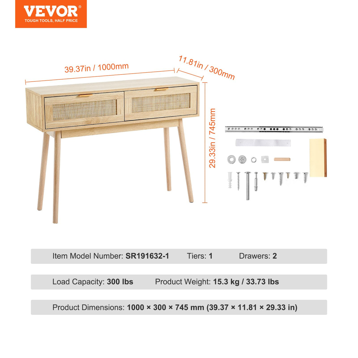 VEVOR Rattan Console Table with 2 Storage Drawers, Rattan Entryway Table with Natural Rattan Sliding Door, Console Sofa Table for Living Room, Study, Entryway Or TV Wall, Natural VEVOR