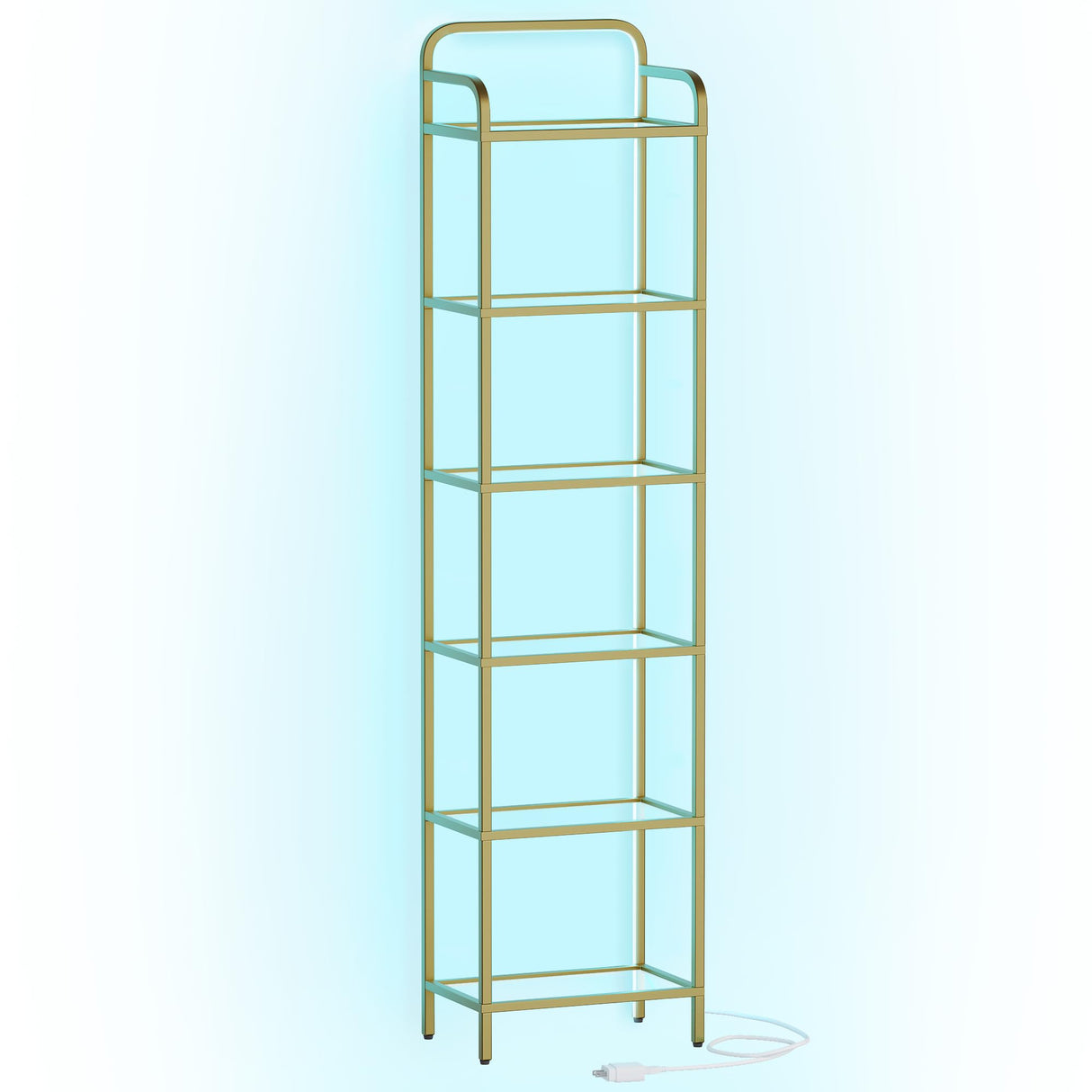 Hzuaneri Bookshelf, Tall Narrow Bookcase with LED Lights, Tempered Glass Bookshelves with Steel Frame, Display Shelf, Slim Shelving Unit for Living Room, Bedroom, 9.6"D x 15.4"W x 66.5"H Gold BC34699G Hzuaneri