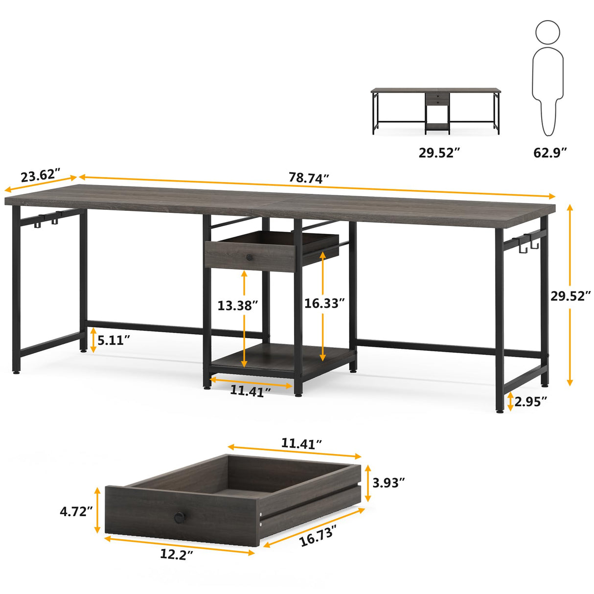 Tribesigns 78.74’’ Two Person Desk with 2 Drawers, Long Double Computer Desk Gaming Table with Shelves, Industrial Study Writing Table Workstation for Home Office, Grey Tribesigns