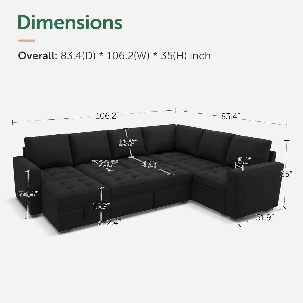 HONBAY Modular Sectional Sleeper Sofa with Pull Out Bed, Velvet Convertible L Shaped Couch with Storage Seat, Sectional Couches for Living Room, Black HONBAY