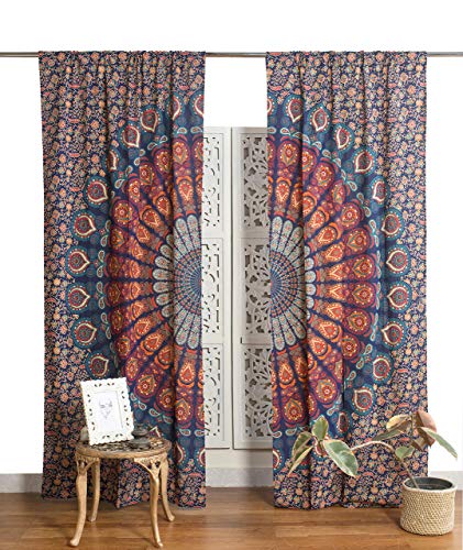 Popular Handicrafts Indian Hippie Bohemian Beautiful Peacock Mandala Curtain Panels Room Divider Blue Popular Handicrafts