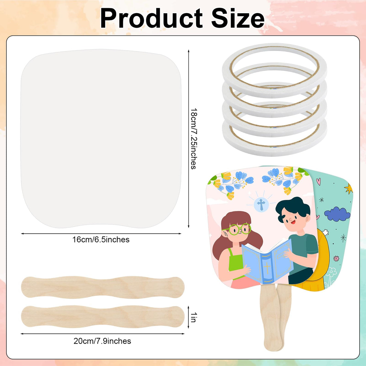 LOTMER 150 Pcs Church Fans Handheld Set, 100 Sheet Double Sided Paper Church Fans with 50 Pcs Wavy Wooden Sticks, Double Sided Paper Church Fans for DIY Crafting Painting (6.5X7.25in) LOTMER