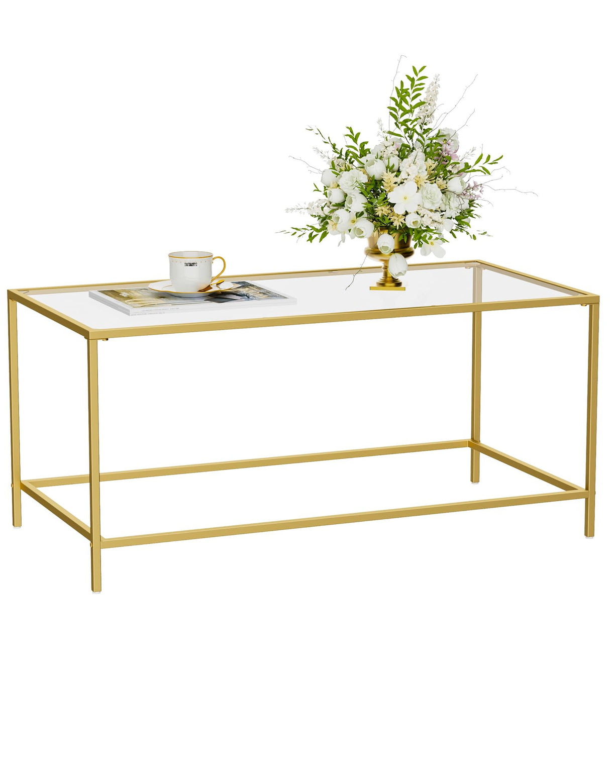Homleke Glass Coffee Table, Modern Rectangular Coffee Table for Living Room, Minimalist Center Tea Table with Sturdy Metal Frame for Apartment, Office, Easy Assembly, 39.4 x 19.7 x 17.7 Inches, Golden Homleke