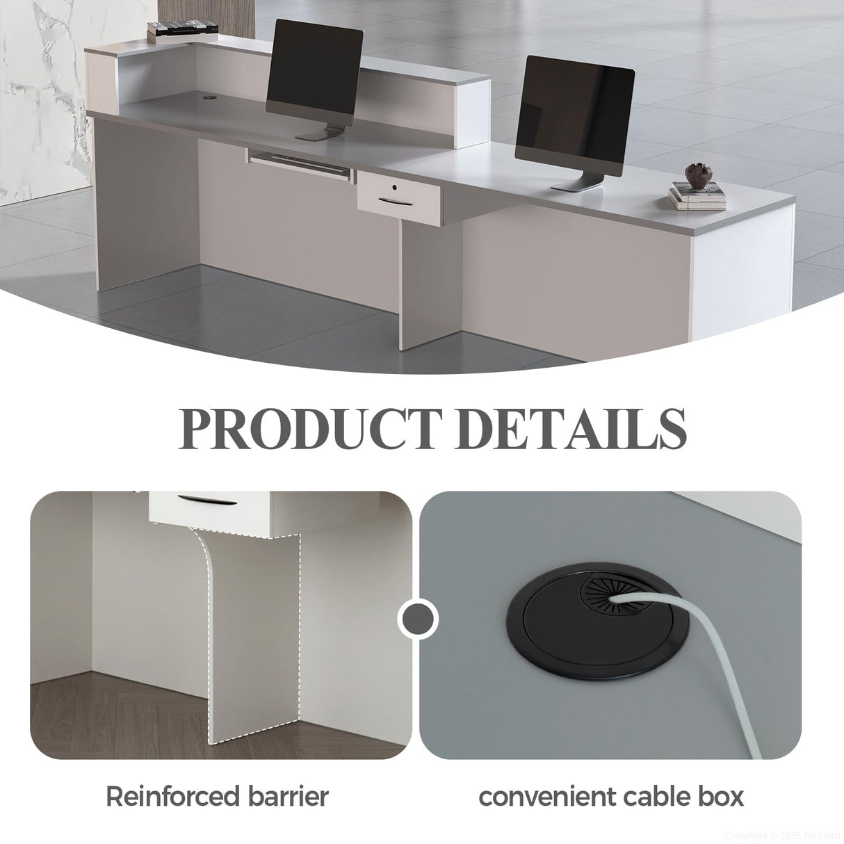 Nuipesn L Shape Reception Desk with Counter, Modern Front Desk Reception Counter with Keyboard Tray, Lockable Drawer and Storage Shelves for Office, Retail, Salon(White+Gray/Left, 63" L*24" W*39" H) Nuipesn