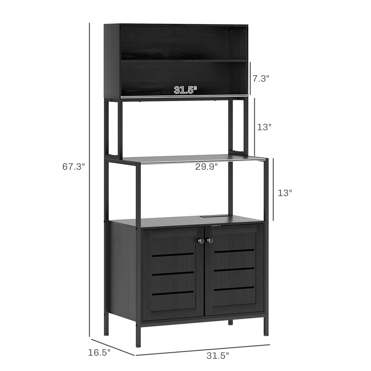 HOMCOM Kitchen Bakers Rack with Power Outlet, Coffee Bar Cabinet with Storage Shelves, Microwave Stand with Louvred Door Cabinets, Black HOMCOM