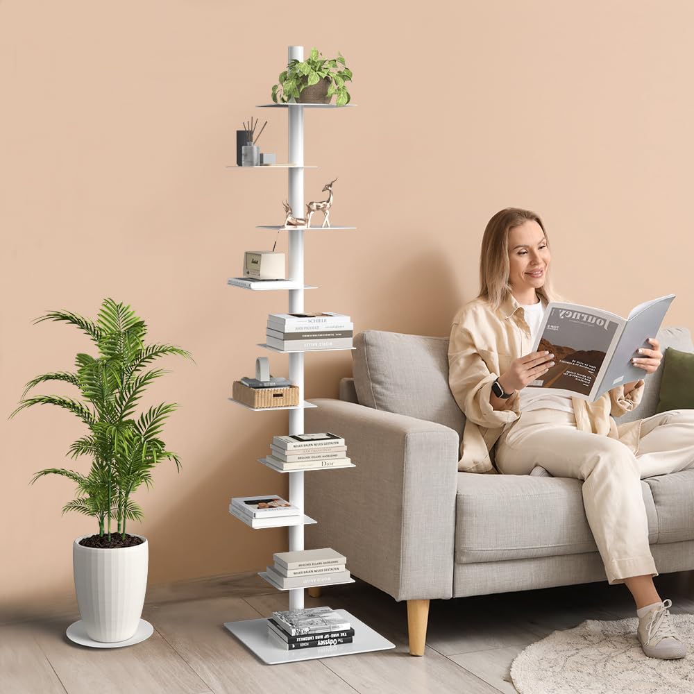 Nidouillet 9-Tier Metal Spine Bookshelf, Adjustable Vertical Tower for Books, Tall & Narrow Ladder Bookcase, Space-Saving Multipurpose Corner Storage Shelf, Display Stand, Tool-Free Assembly, White Nidouillet