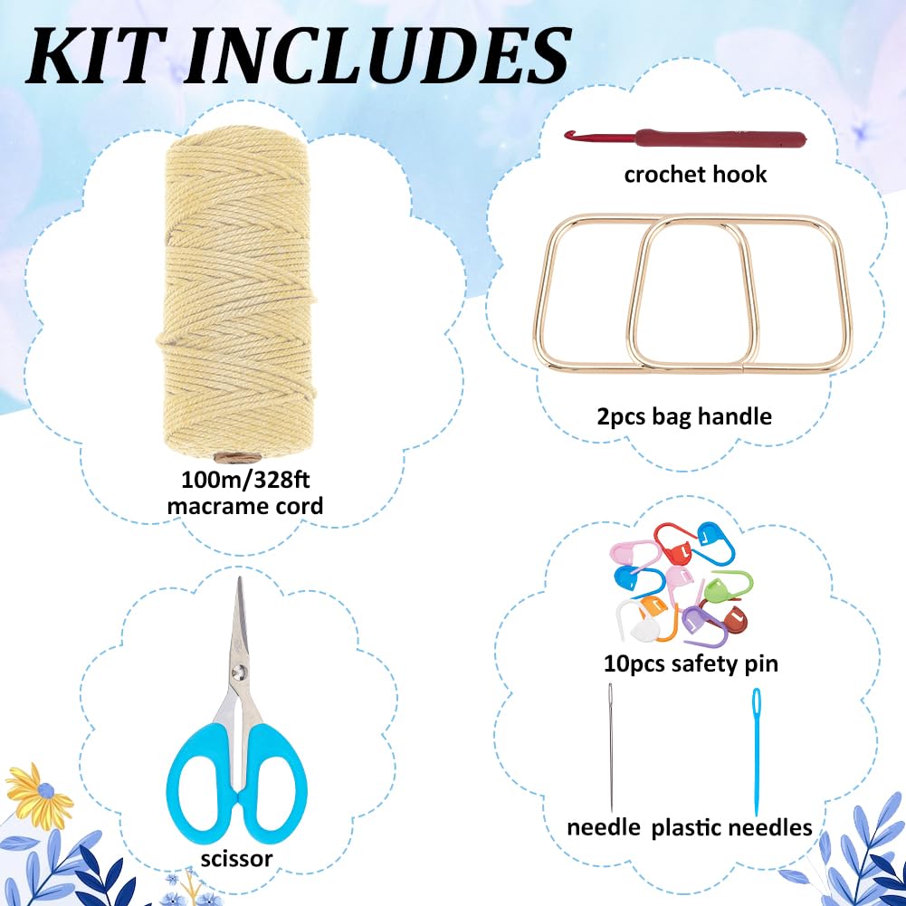 BEUNITONE DIY Macrame Flower Bag Kit for Beginners Yellow Crochet Flower Bag for Women Boho Macrame Handbag Making Kit Handmade Macrame Tote Bag Kit Crochet Kits for Summer Beach with Instructions BEUNITONE