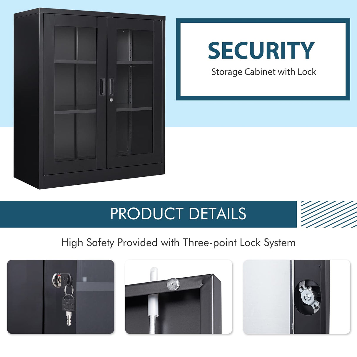 MIIIKO Metal Storage Cabinet with Glass Doors, Counter High Display Cabinet with 2 Adjustable Shelves and Tempered Glass Doors, Locking Small Display Cabinet… MIIIKO