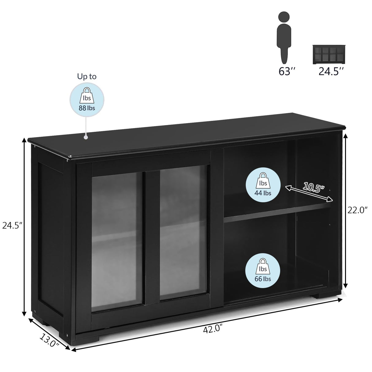 Sideboard Buffet Cabinet, Stackable Cupboard Storage Table with Adjustable Shelf & Glass Sliding Doors, Wooden Credenza Coffee Bar Cabinet for Kitchen/Dining Room/Living Room/Entryway (Black) Giantex