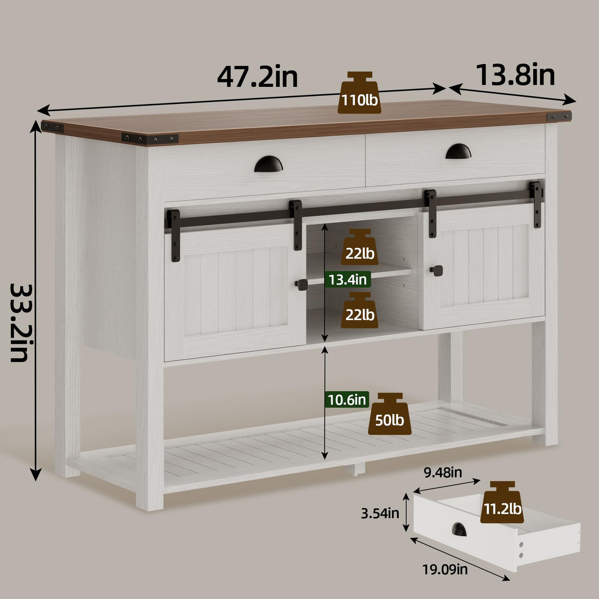 AntsandAnts Farmhouse Entryway Table with Sliding Barn Doors & 2 Drawers,Rustic Console Table for Living Room, Hallway, Foyer,Sofa Table with Adjustable Shelf & Open Storage, Industrial Design AntsandAnts