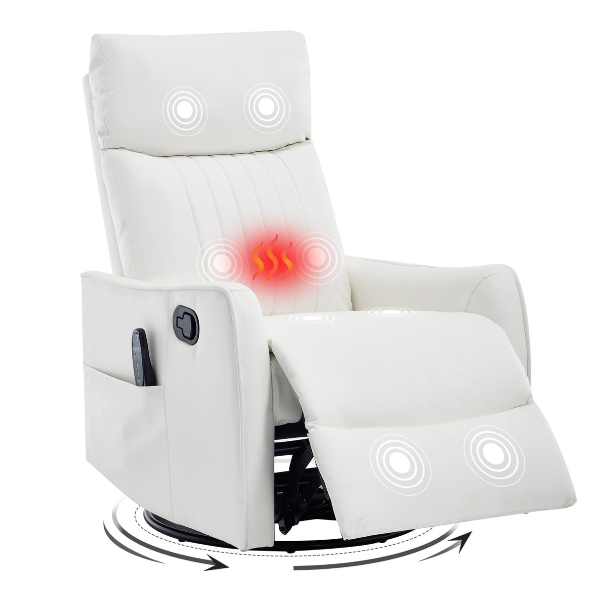 Trustyue Swivel Rocker Recliner Chair, 360° Swivel Recliner with Heat and Massage, Rocker Recliner Upholstered Fabric Nursery Glider Recliner Chair with Side Pockets for Living Room PU White Trustyue