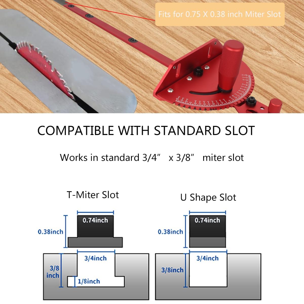 JCFANTS Precision Miter Gauge, Standard Slot 3/4'' x 3/8'', Aluminum Alloy Table Saw Miter Gauge with 27 Angle Stops Miter Fence& Miter Bar Works w/Table Saws, Band Saw and Router Table (Red) JCFANTS