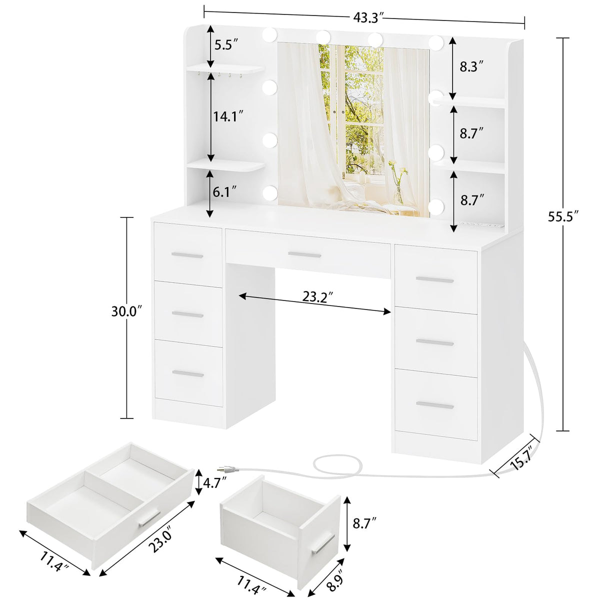 FIONESO Large Makeup Vanity, 43.3" Vanity Desk with Mirror and Lights, Makeup Vanity Table with 7 Drawers, 4 Shelves, 5 Jewel Hooks & Power Strip, Vanity Desk Set for Bedroom, White FIONESO