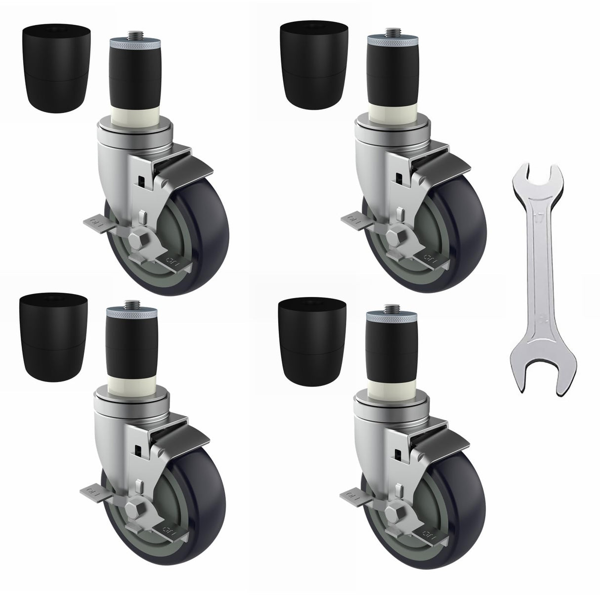 OK5STAR 4 inch Prep Table Casters Set of 4 for Commercial Kitchen Prep Tables, Expanding Stem Caster Wheels for Table Legs All with Brake Fit 1-1/2" and 1-5/8" Inner Diameter Leg Tube Adapter Caster OK5STAR