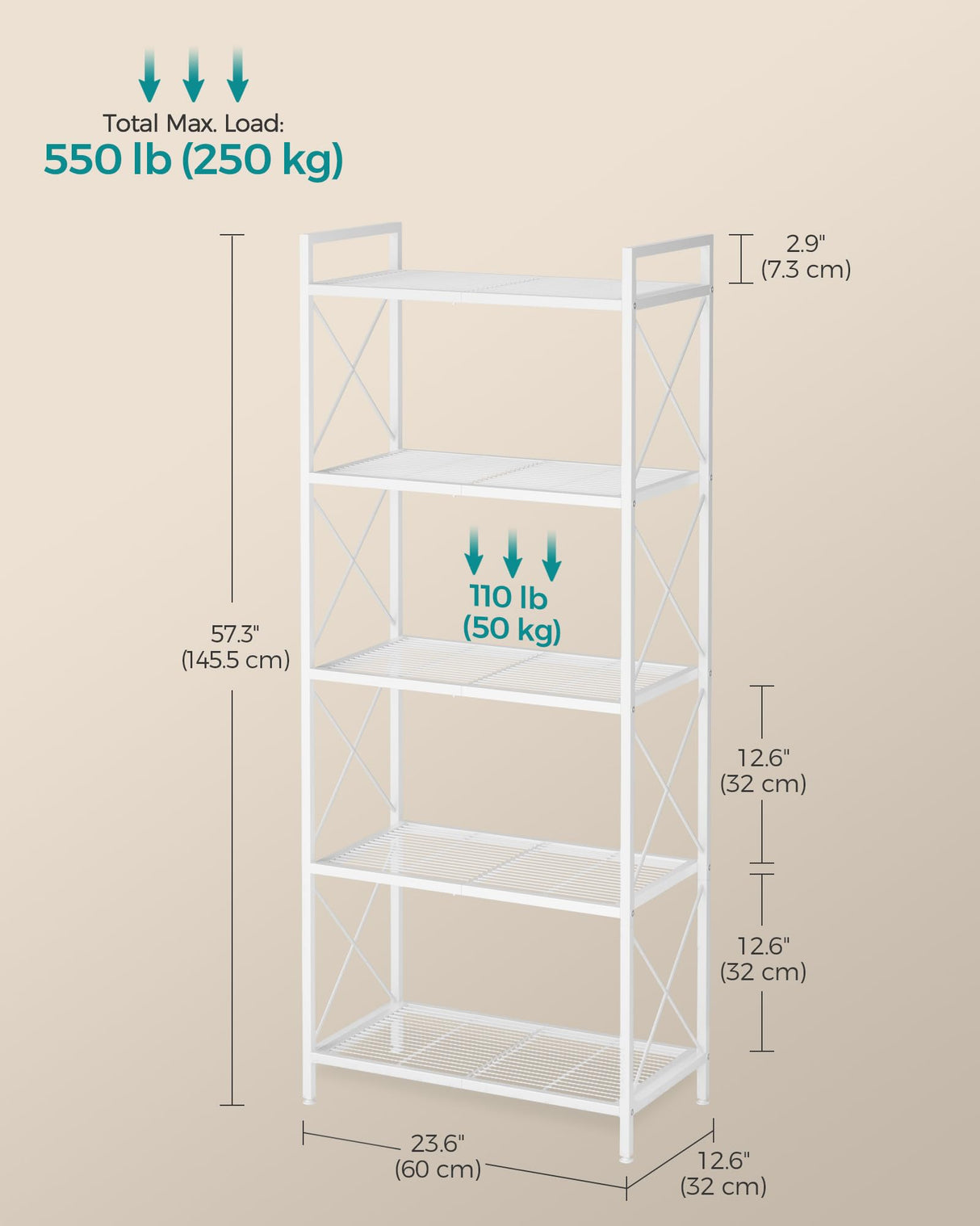 SONGMICS 5-Tier Metal Storage Rack, Shelving Unit with X Side Frames, Dense Mesh, 12.6 x 23.6 x 57.3 Inches, for Entryway, Kitchen, Living Room, Bathroom, Industrial Style, Cloud White UBSC165W01 SONGMICS