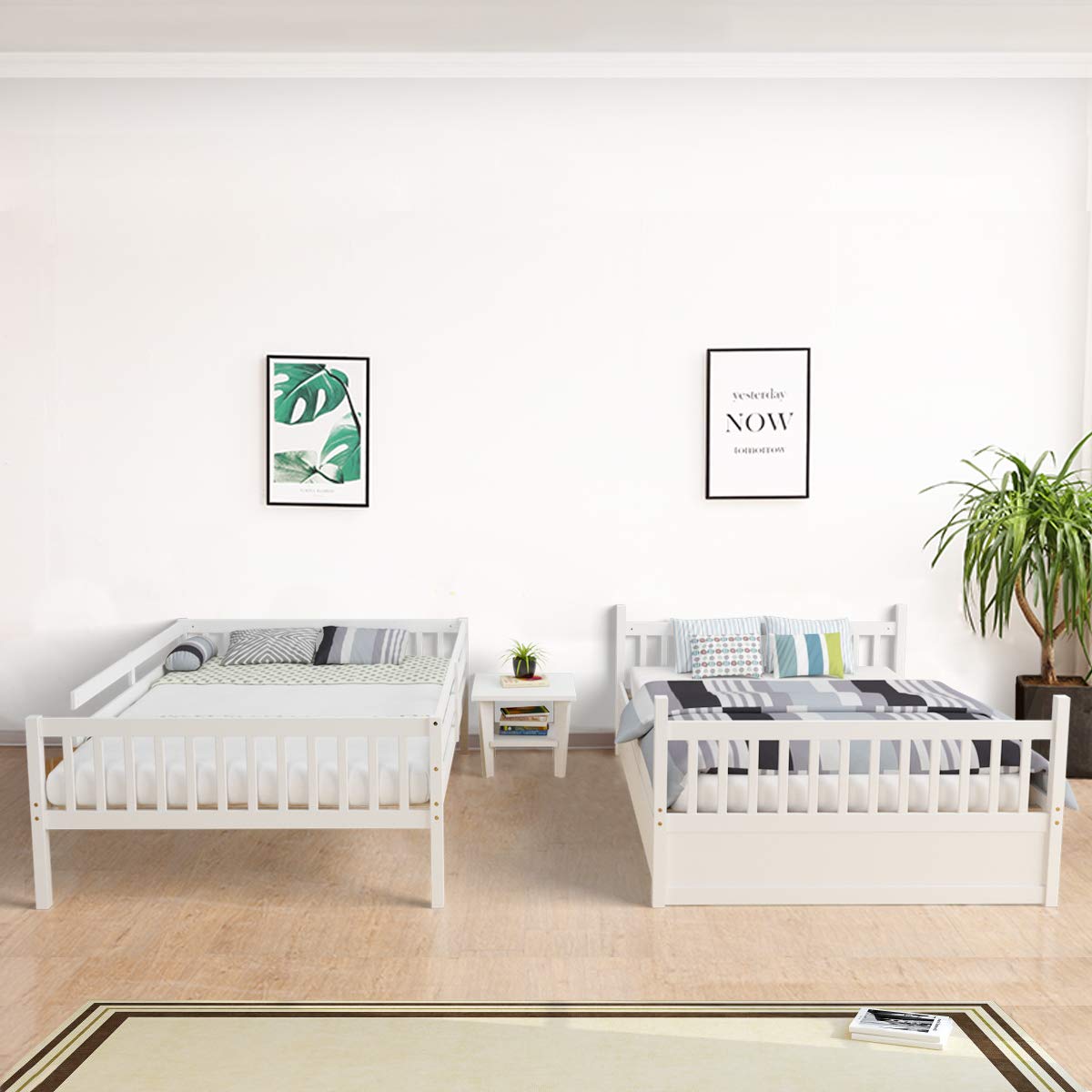 KOMFOTT Wood Full Over Full Bunk Bed with Trundle, Bunk Bed Frame with Ladder, Solid Wood Frame & Safety Guardrails, Space-Saving Bunk Bed for Teens & Adults, No Box Spring Needed KOMFOTT