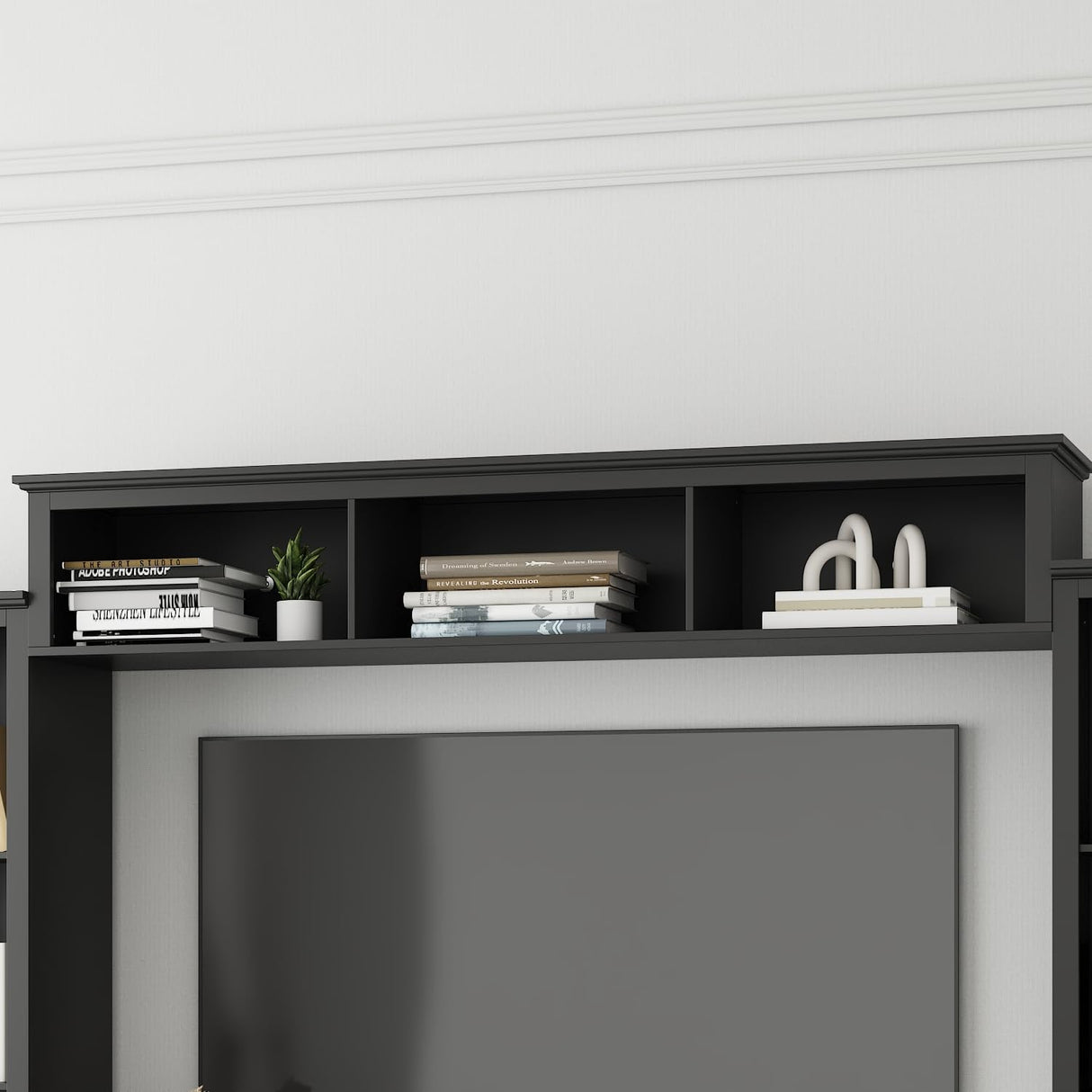 ROMSHINE Wall Unit Entertainment Center, TV Wall Units for Living Room with Storage, 102" W Large Farmhouse TV Stand with Glass Doors, Ajustable Bookshelf & Bridge for Bedroom, Black ROMSHINE