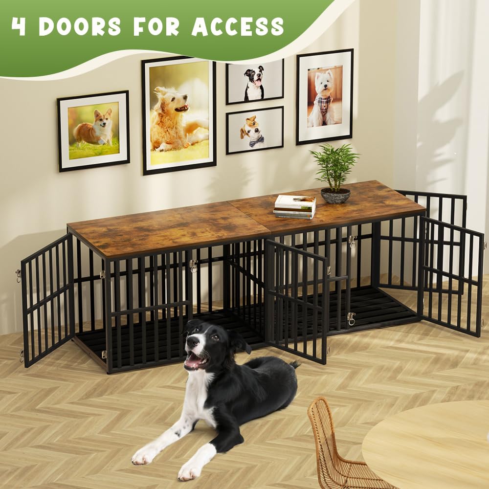 AGESISI Dog Crate Furniture for 2 Dogs, 76” Wooden Dog Kennel with Divider, XXL Double Dog Crate Furniture Large Breed with 4 Doors, Dog Cage End Table Indoor for Large & Medium Dogs, Black AGESISI