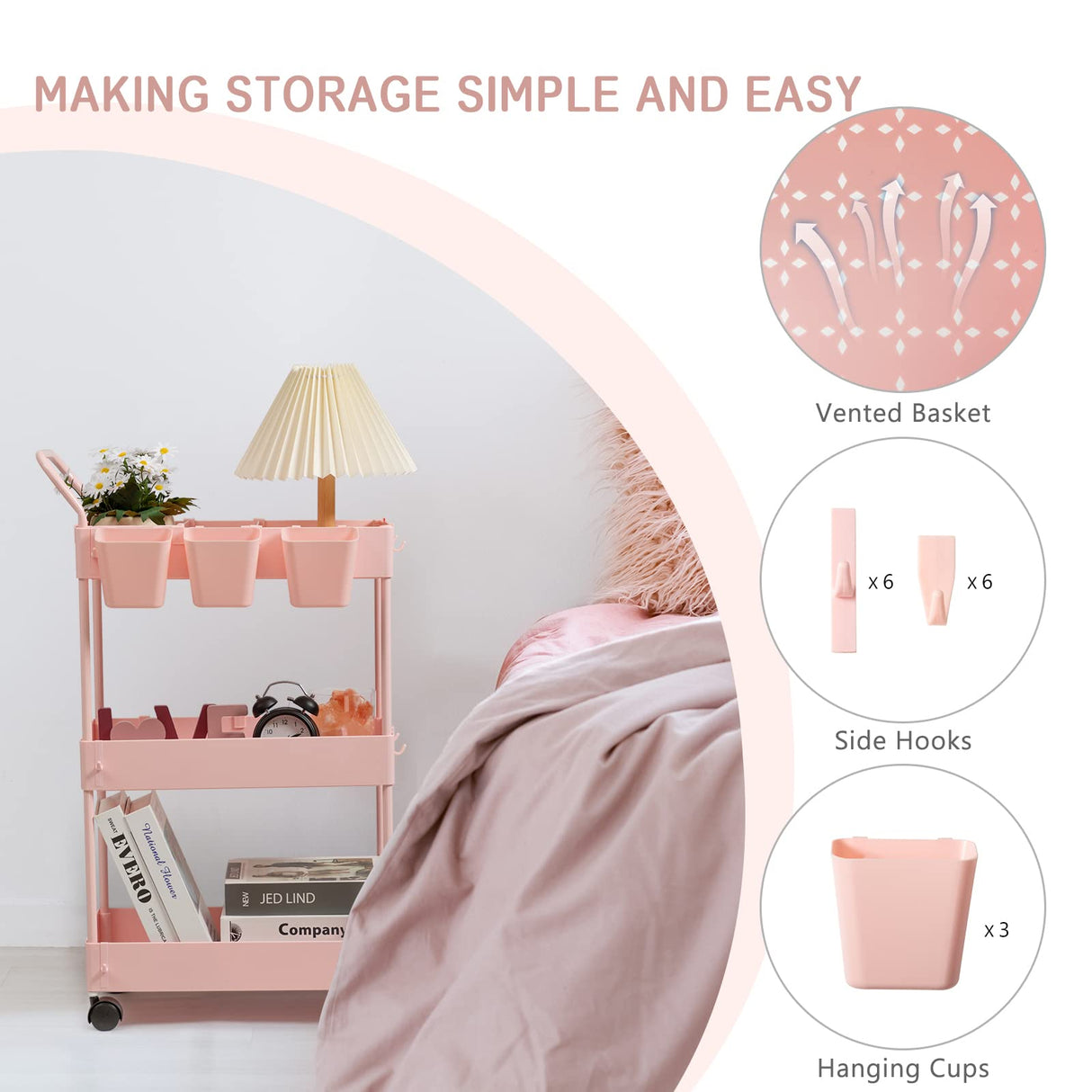 danpinera Slim Storage Cart, 3 Tier Narrow Rolling Cart on Wheels Bathroom Organizer Cart with Dividers Handle Hanging Cups Hooks for Laundry Room Kitchen Small Spaces, Pink danpinera