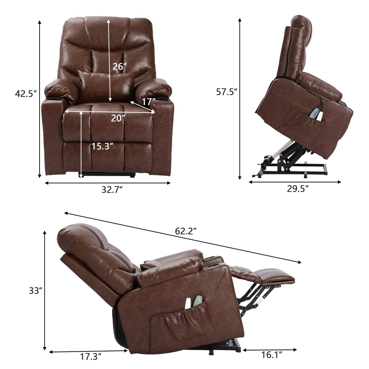 OQQOEE Power Lift Recliner Chair, Electric Recliners Chair for Elderly, PU Leather Massage Chair with Heat, Ergonomic Single Lounge Sofa Home w/Cup Holder, Theater Seating with 2 Pockets/USB OQQOEE