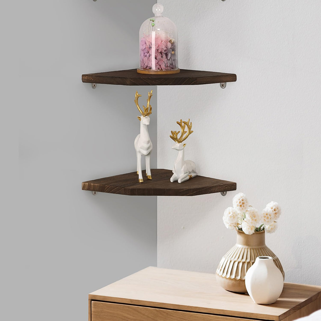 Joiishom Wood Corner Wall Shelves Set of 2, Solid Wood Corner Floating Shelves for Wall, Round End Wall Mounted Floating Corner Shelf for Bedroom, Living Room and Kitchen. (Brown-10 inch) Joiishom