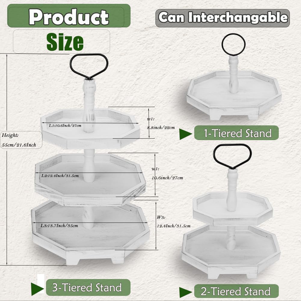 3 Tiered Tray Stand White Tier Serving Tray, Three Decorative Trays, Wooden Cupcake Stand 3 Tiered Farmhouse Tray for Home Decor(L 13.8” W 12.5” H 21.8”) MRPAPA