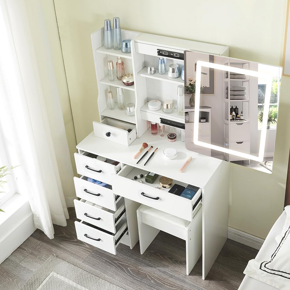 JBLCC Vanity Desk with Lighted Mirror, Large Makeup Vanity with Sliding Mirror, Storage Drawer & Chair, White Vanity Set Dressing Table for Bedroom (QW56LED) JBLCC