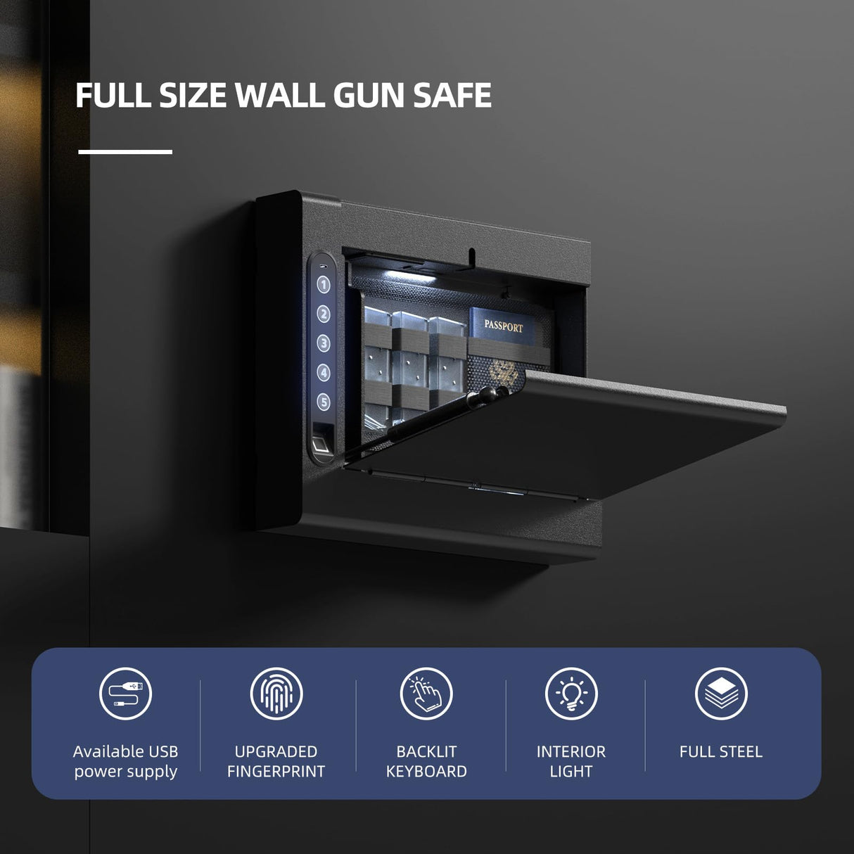 XDeer Wall Gun Safe, Biometric Gun Safes for Pistols, Quick-Access Handgun Safe with Fingerprint & Digital Key Pad, Pistol Safe for Home, Up to 1 Full-size pistol S008QG XDeer