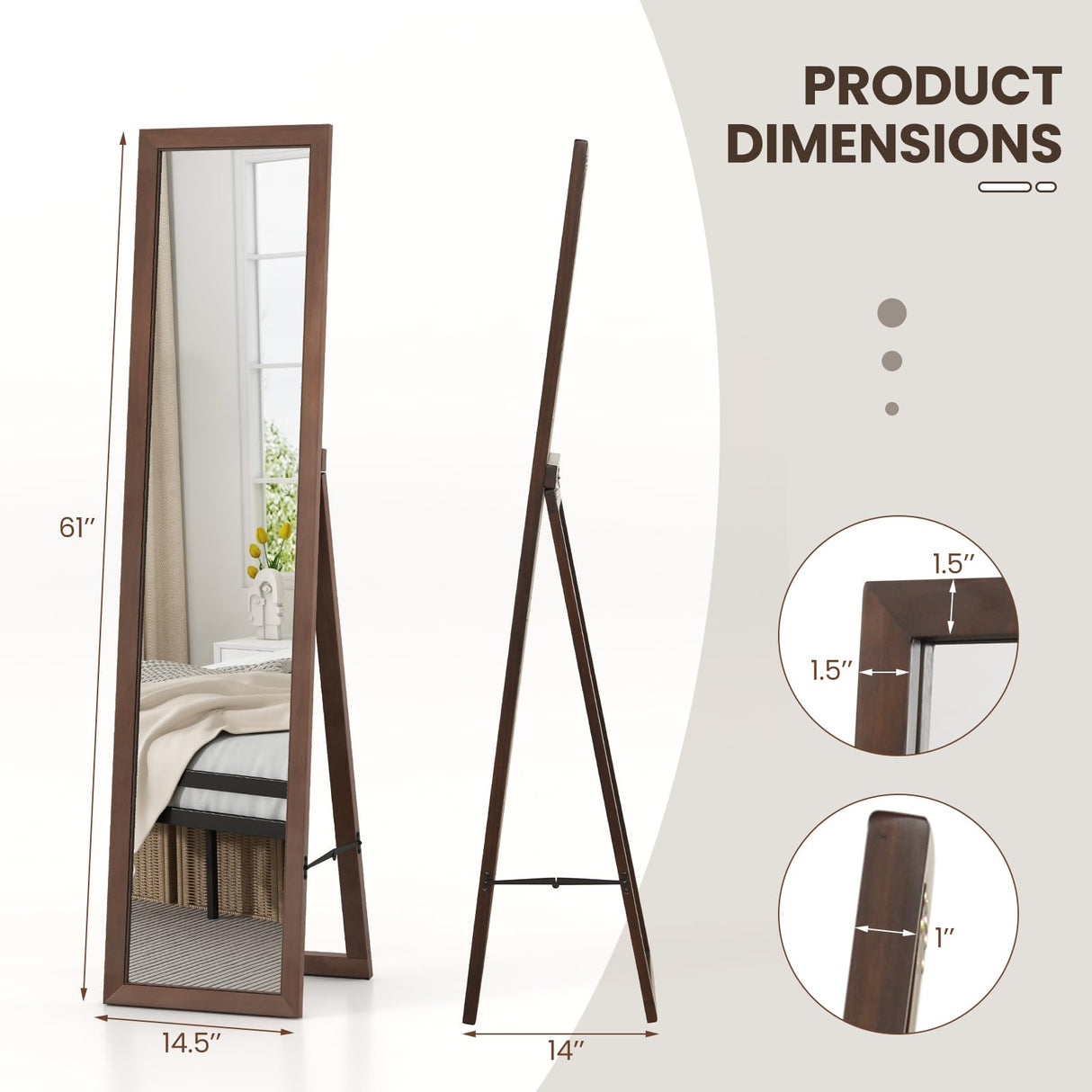 Tangkula Full Length Mirror with Stand, 61" x 14.5" Solid Wood Frame Floor Mirror, Free Standing Full Body Mirror for Living Room, Bedroom, Dressing Room, Cloakroom, Entryway, Brown (61" x 14.5") Tangkula