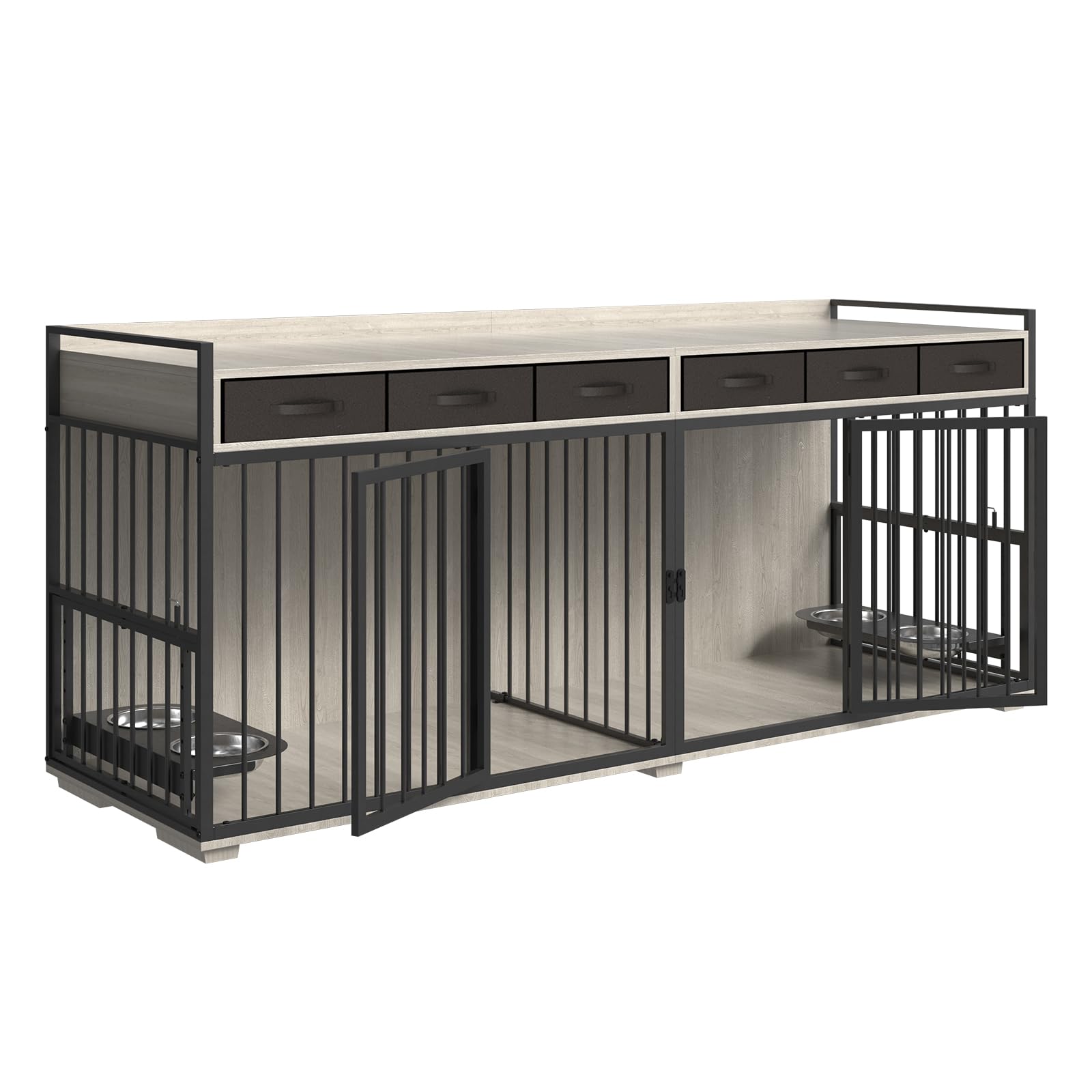 PAPIHO Double Dog Crate Furniture for 2 Dogs 86.6 inch Extra Large Metal Heavy Duty Dog Crate Kennel Furniture with 6 Drawers Removable Divider and Adjustable Bowls Chew Resistant Dog Crate Indoor Woo...