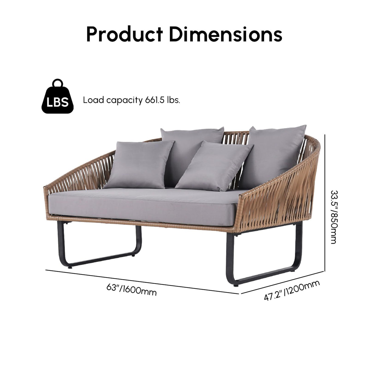 homary Rattan Patio Outdoor Daybed, Rattan Day Bed with Cushion Pillow & Aluminum Frame Sunbed Sofa Set Patio Loveseat,Gray homary