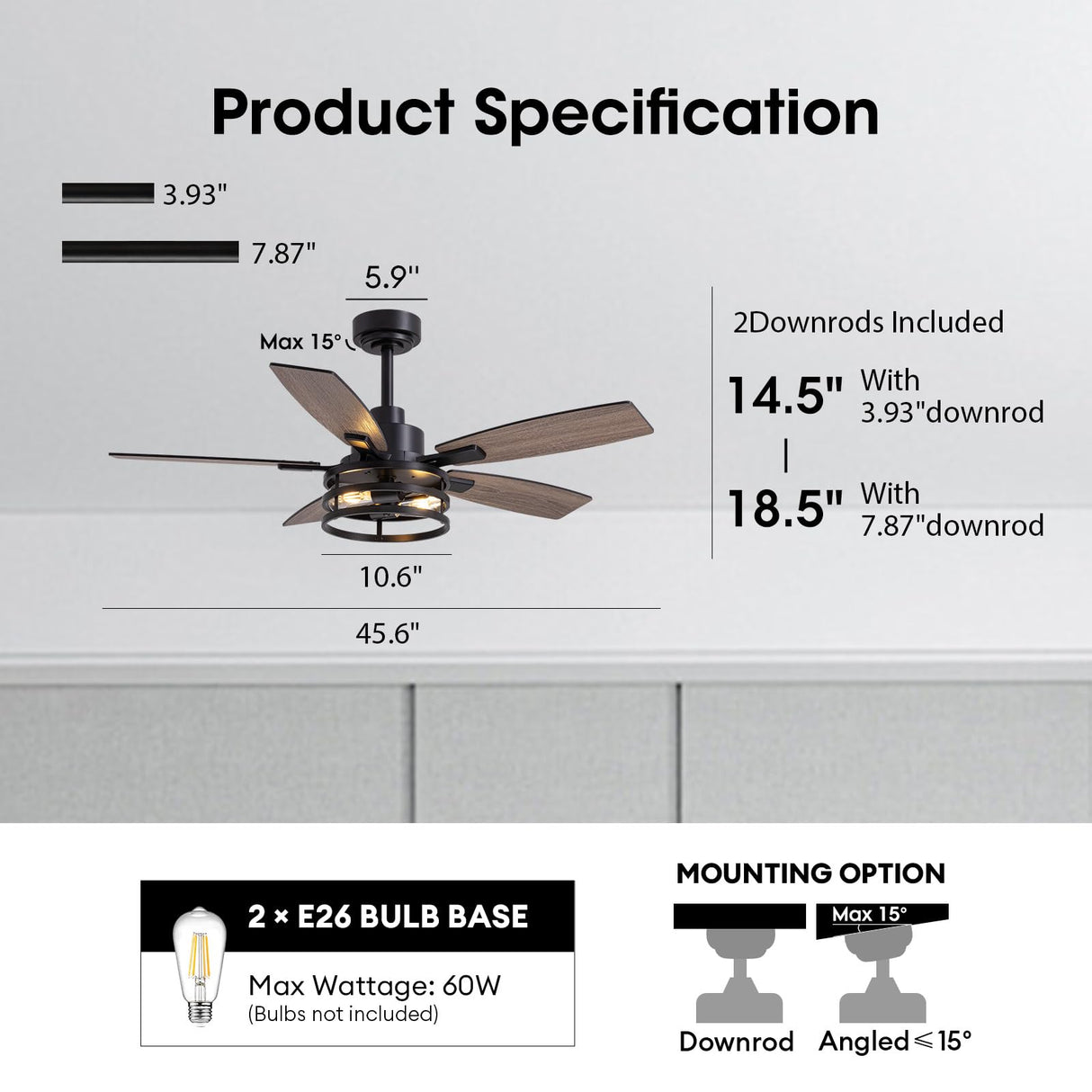 46 Inch Ceiling Fans with Lights and Remote Control, Farmhouse Ceiling Fan for Bedroom Living Room and Patio, Black Caged Ceiling Fan for Indoor and Outdoor LuminFan