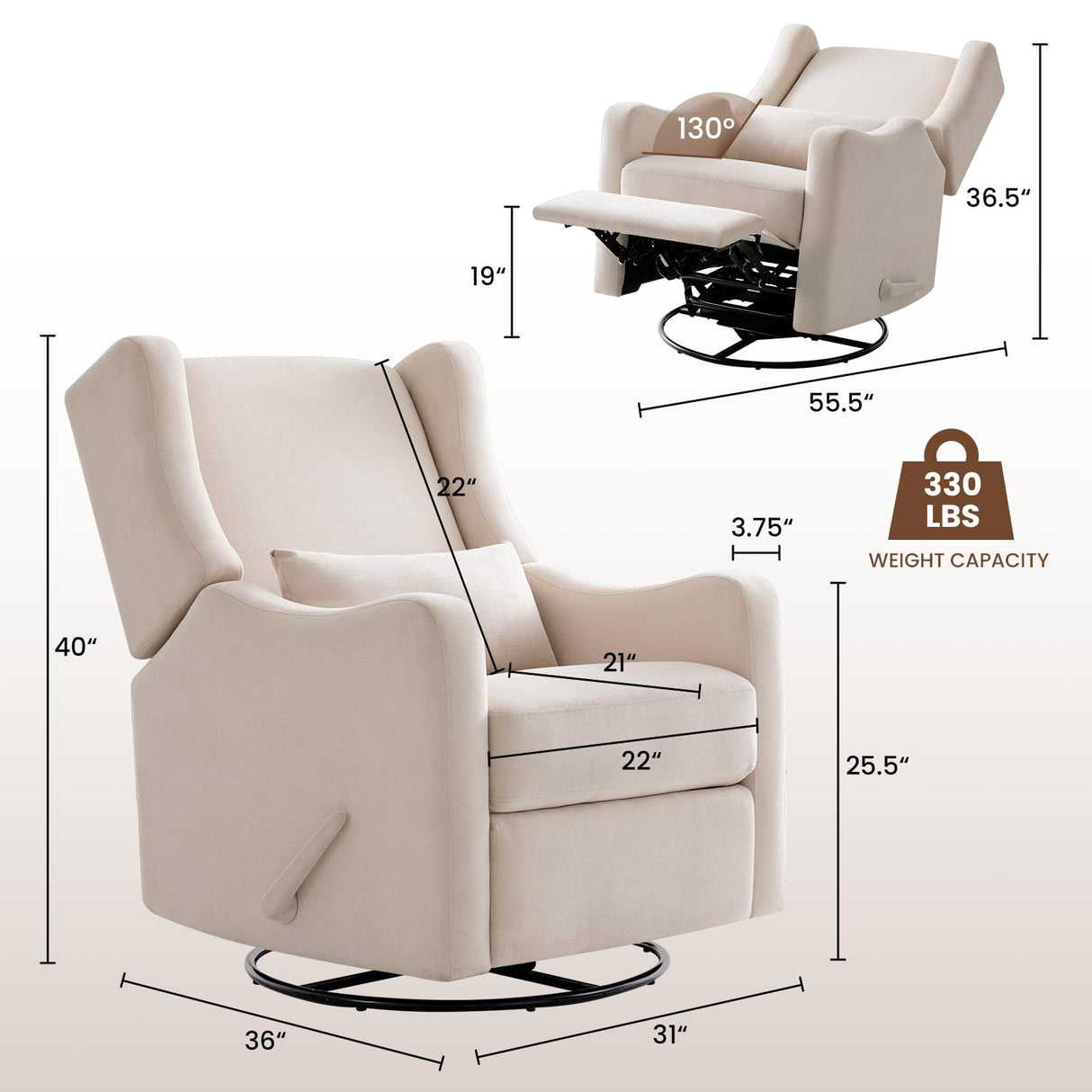 Harkawon Wingback Glider Rocking Recliner, Swivel Rocker Recliner Chair, Nursery Rocking Chair, Fabric Chair with Lumber Support, High Back, Deep Seat, for Living Room, Bedroom, Beige Harkawon