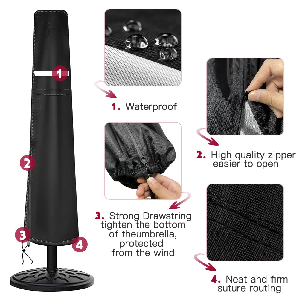 Patio Umbrella Cover for 9ft to 12ft,Waterproof 420D Oxford Outdoor Parasol Covers with Zipper,Windproof & Anti-UV Protective Cover for Garden,Market,and Patio Umbrellas,Black HCFGS