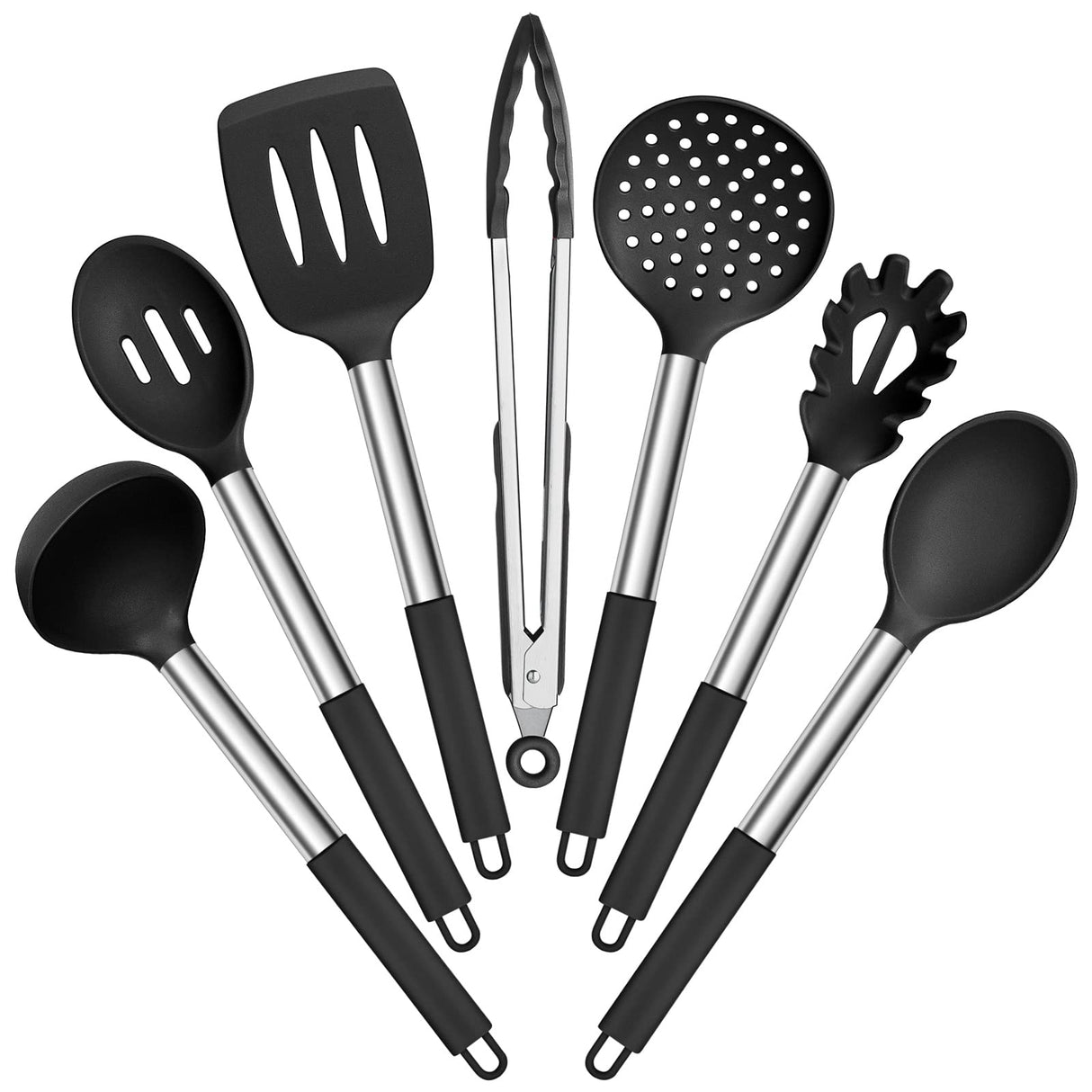 E-far Silicone Cooking Utensils Set, 7 Pcs Heat Resistant Kitchen Utensils with Stainless Steel Handle, Slotted Turner, Spoon, Soup Ladle, Pasta Server, Skimmer, Tongs for Nonstick Cookware, Black E-far