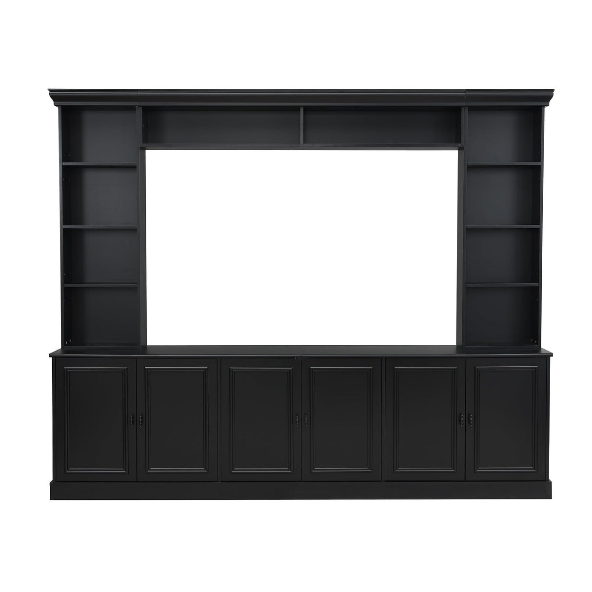97.4"W Elegant 4-Piece Wall Unit Entertainment Center with Bookshelf for TVs Up to 70", Versatile TV Stand with Adjustable Shelf and Bridge, Mid-Century Media Console for Living Room (Black/TV) Hlcodca