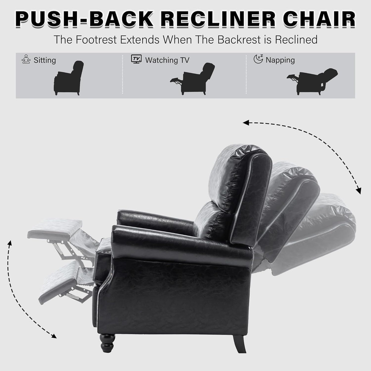 UIXE Pushback Recliner Chair, PU Leather Armchair Push Back Accent Chair for Living Room, Rivet Trim Club Chair Home Theater Overstuffed Single Sofa Bedroom Reading Seat - Black UIXE