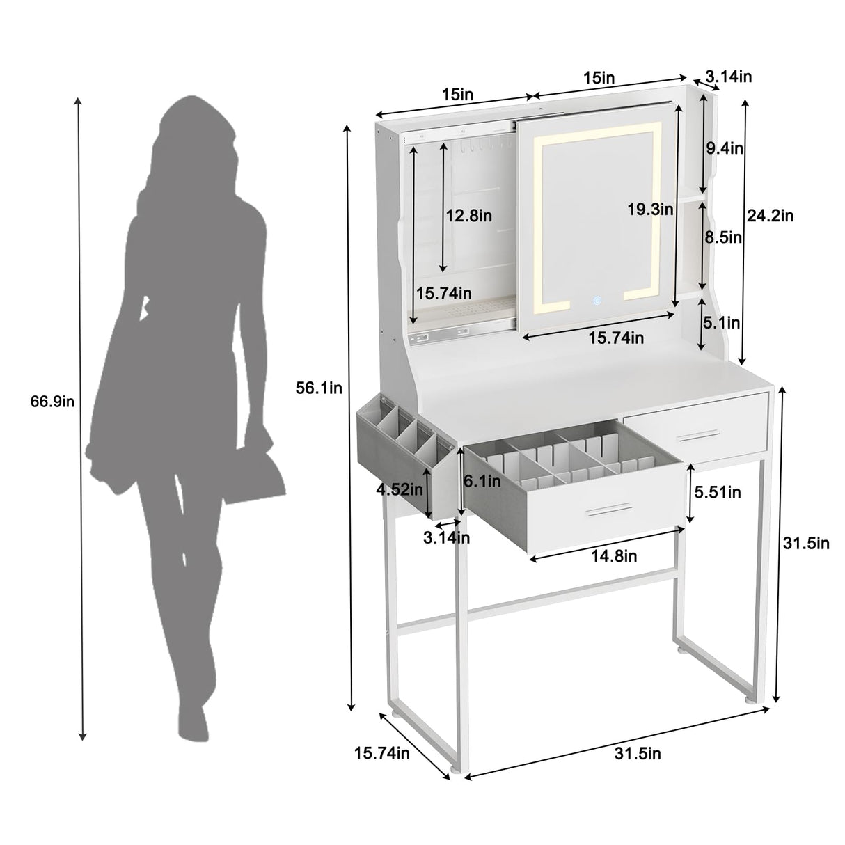 Uiithokyia White Vanity Desk, Makeup Vanity Table with Mirror LED Lights, Vanitys for Jewelry Organizer, 2 Storage Drawers, and Side Pockets Hair Tools Storage, Bedroom Vanity Table for Women, Girls Uiithokyia
