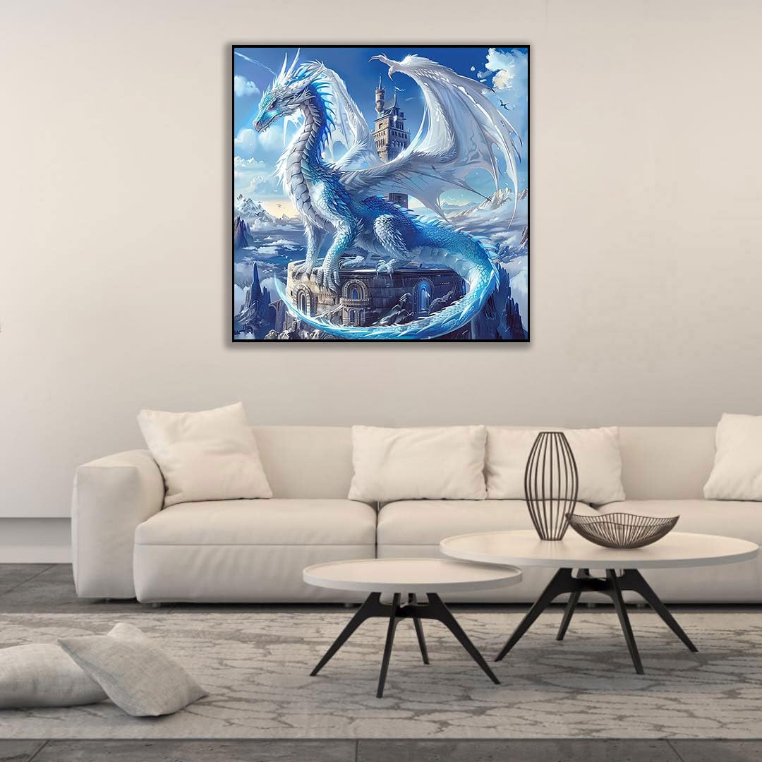 5D Ice Dragon Diamond Art Kits for Adults Beginners, DIY 5D Full Round Drill Diamond Painting Kits Sky King, Paint by Diamonds Dot Gem Art Crystal White Dragon Easy,Home Wall Decor 13.7 X 13.7 Inch CHWGLFGG