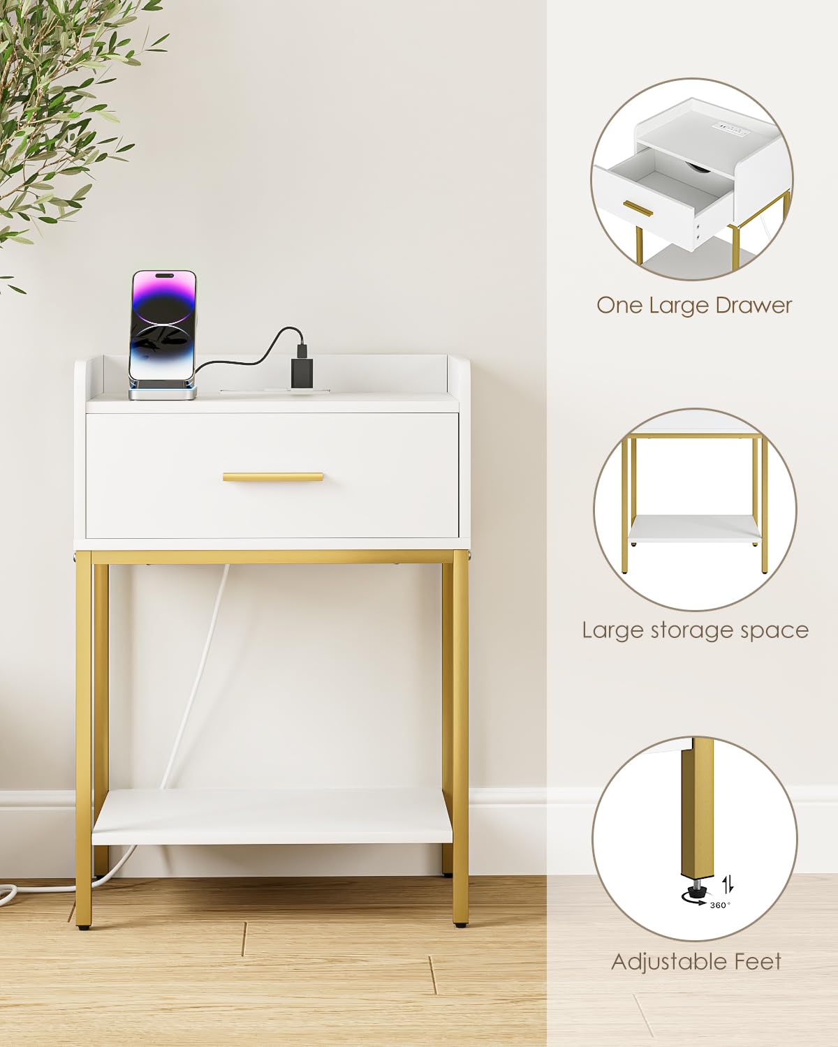 AEPOALUA Nightstand with Charging Station,Bedside Table with Drawer and 2 Shelf Storage, Small Side Table, Modern White Night Stand, Tall End Table for Bedroom, Living Room (White-Gold Legs) AEPOALUA