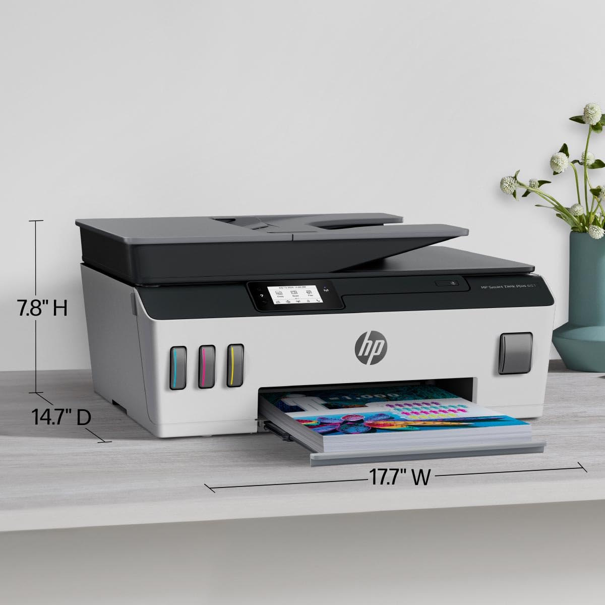 HP Smart -Tank Plus 651 Wireless All-in-One Ink -Tank Printer, up to 2 Years of Ink in Bottles, Auto Document Feeder, Mobile Print, Scan, Copy, Works with Alexa (7XV38A) HP