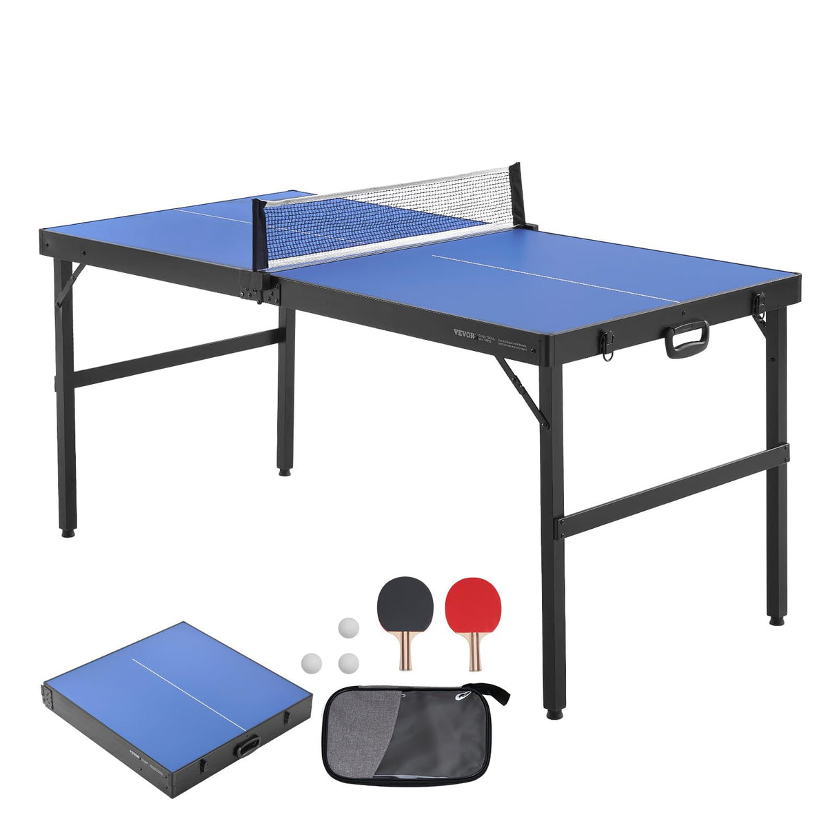 VEVOR Ping Pong Table, Mid-Size Table Tennis Game, Indoor MDF Table Tennis Table, Foldable Portable Complete Ping Pong Table Set with Net, 2 Paddles, 3 Balls, Carry Bag, Handle (No Assembly Required) VEVOR