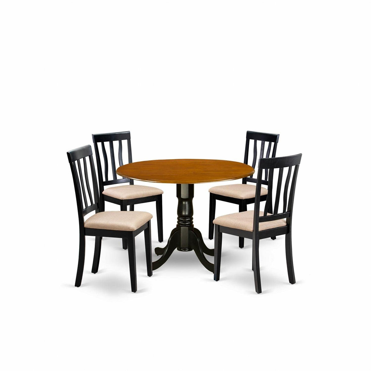 East West Furniture DLAN5-BCH-C 5 Piece Dining Table Set for 4 Includes a Round Kitchen Table with Dropleaf and 4 Linen Fabric Kitchen Dining Chairs, 42x42 Inch, Black & Cherry East West Furniture