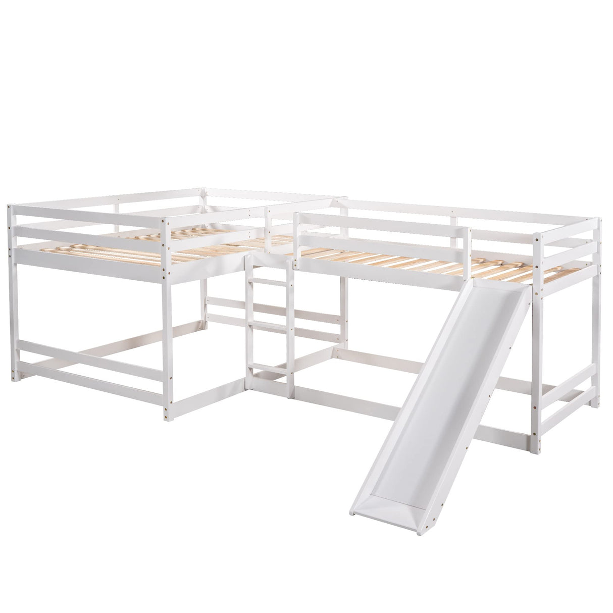Brisca Full and Twin Size L-Shaped Bunk Bed with Slide and Short Ladder,Solid Wood Bed Frame W/Full-Length Guardrail,Headboard & Footboard,for Apartment,Bedroom,Guest Room,White Brisca