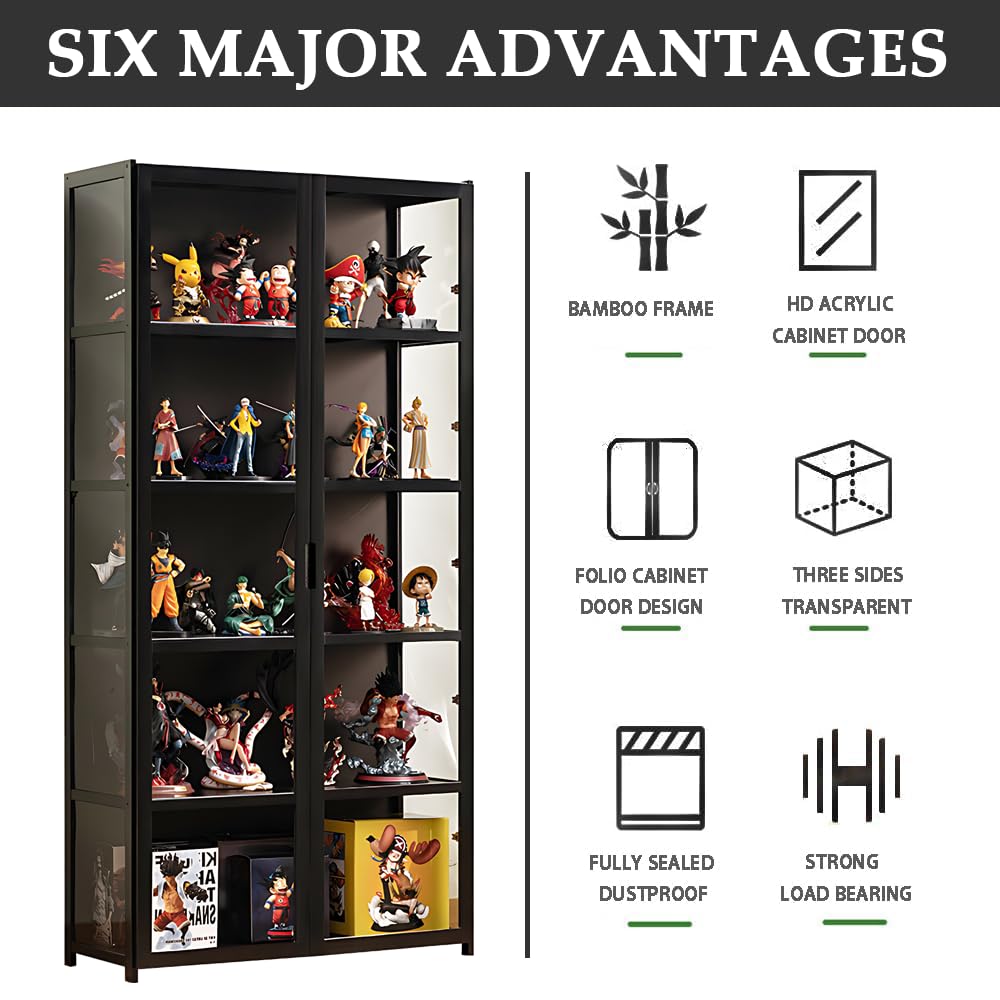 idhhco 5 Tier Curio Display Cabinet, Display Cabinet with Acrylic Glass Door, Collectibles Toy Organizers Rack & Display Shelf, Kids Bookcase for Bedroom, Reading Nook, Toddler's Room, Bamboo idhhco