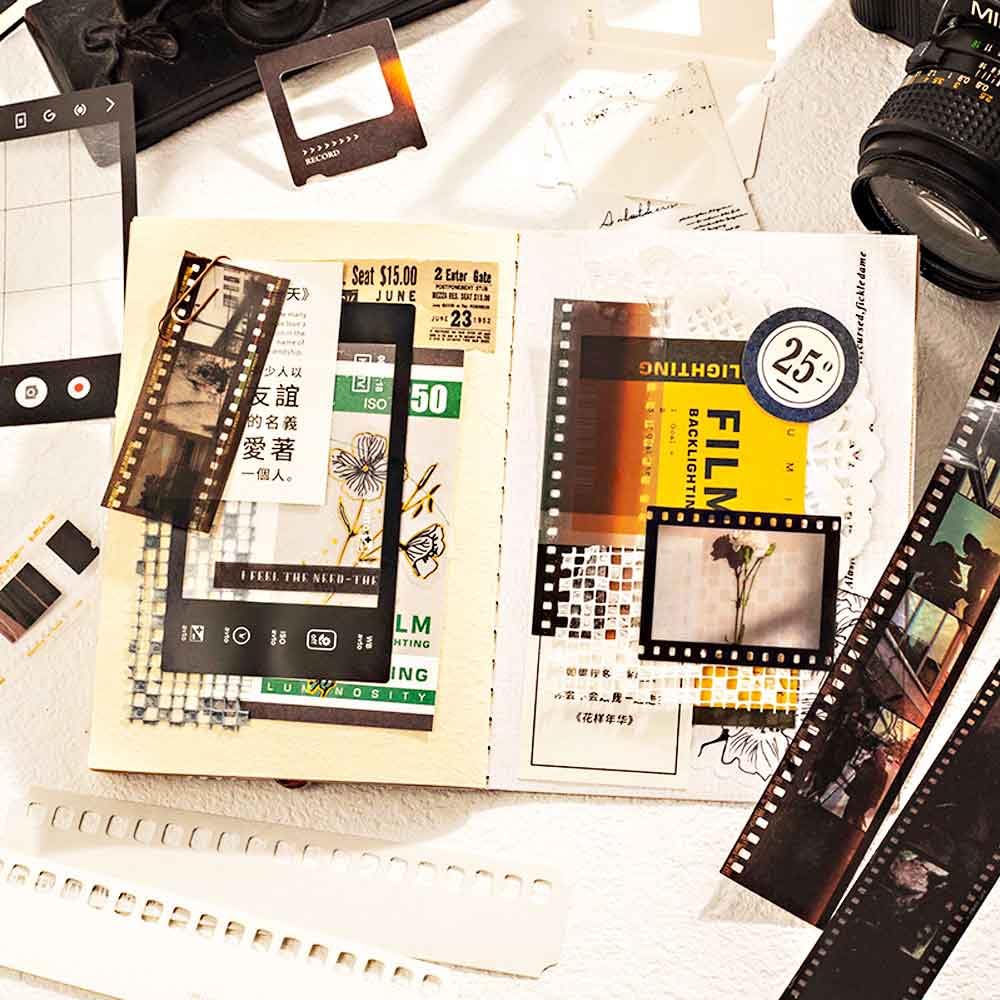 CraftBloom 94PCS Movie Film Scrapbook Paper for Journaling Supplies, Strip Photo Frame for Scrapbooking Kit, Waterproof PET Washi Quote Stickers for Bullet Junk Journal Collage Planner DIY Craft CraftBloom