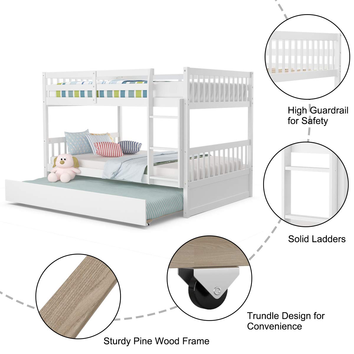KOMFOTT Wood Full Over Full Bunk Bed with Trundle, Bunk Bed Frame with Ladder, Solid Wood Frame & Safety Guardrails, Space-Saving Bunk Bed for Teens & Adults, No Box Spring Needed KOMFOTT