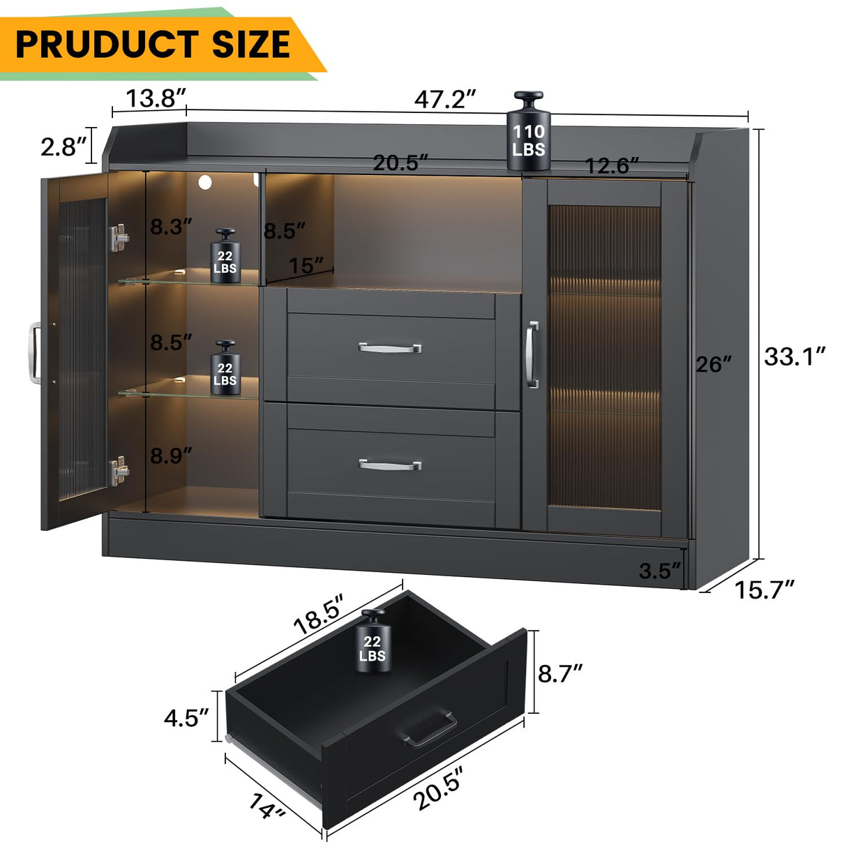 Melodyblue Buffet Cabinet with Led Lights and Drawers, Large Sideboard Buffet Storage Cabinet with Shelves & 4 Doors, Farmhouse Coffee Bar Cabinet Wood Buffet Table for Kitchen, Dining Room, Black Melodyblue